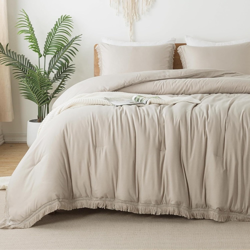 Twin Size Comforter Set Oatmeal, 2 Pieces Boho Lightweight Tassel Fluffy Beige